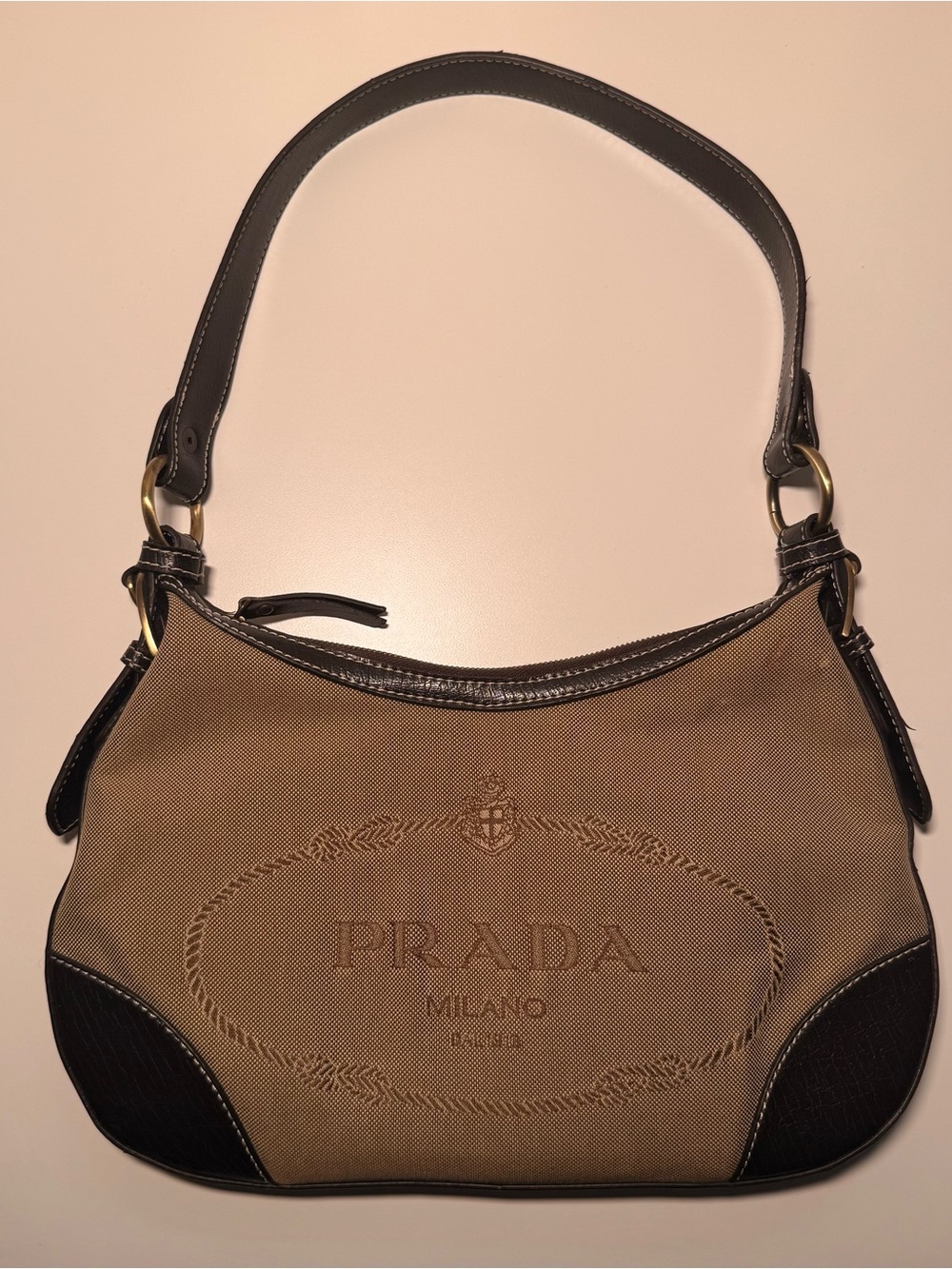 Prada Brown Canvas and Dark Leather Shoulder Bag